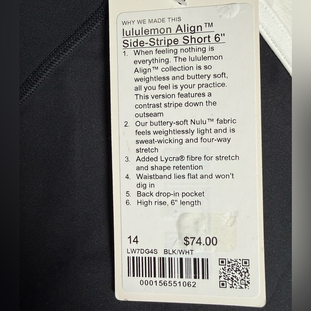 lululemon Align Side-Stripe Short 6” NWT Size 14 Black/White - Picture 6 of 6